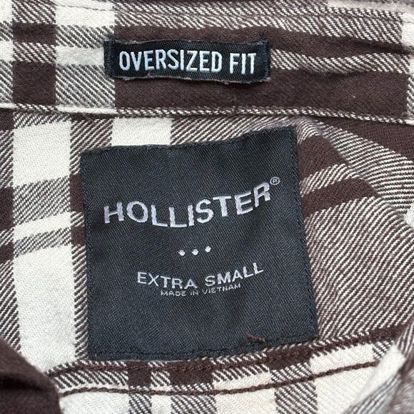 Hollister Oversized Fit Flannel Shirt XS Extra Small Brown White Plaid Button Up - Picture 4 of 4
